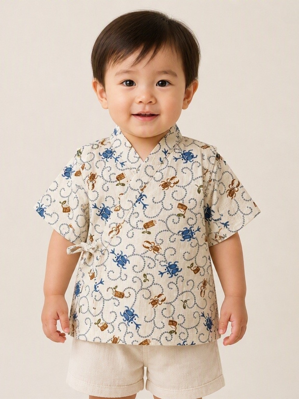 Japanese Baby Jinbei Toddler Top 95cm Beige Bug Print 100% Cotton Summer Shirt